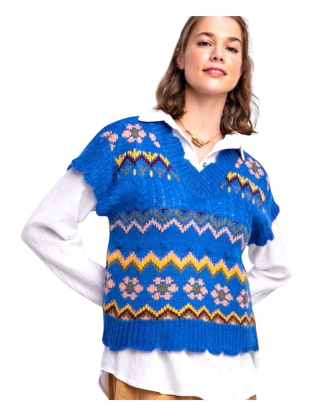 EASEL Patterned V-Neck Sweater Vest, Size M.